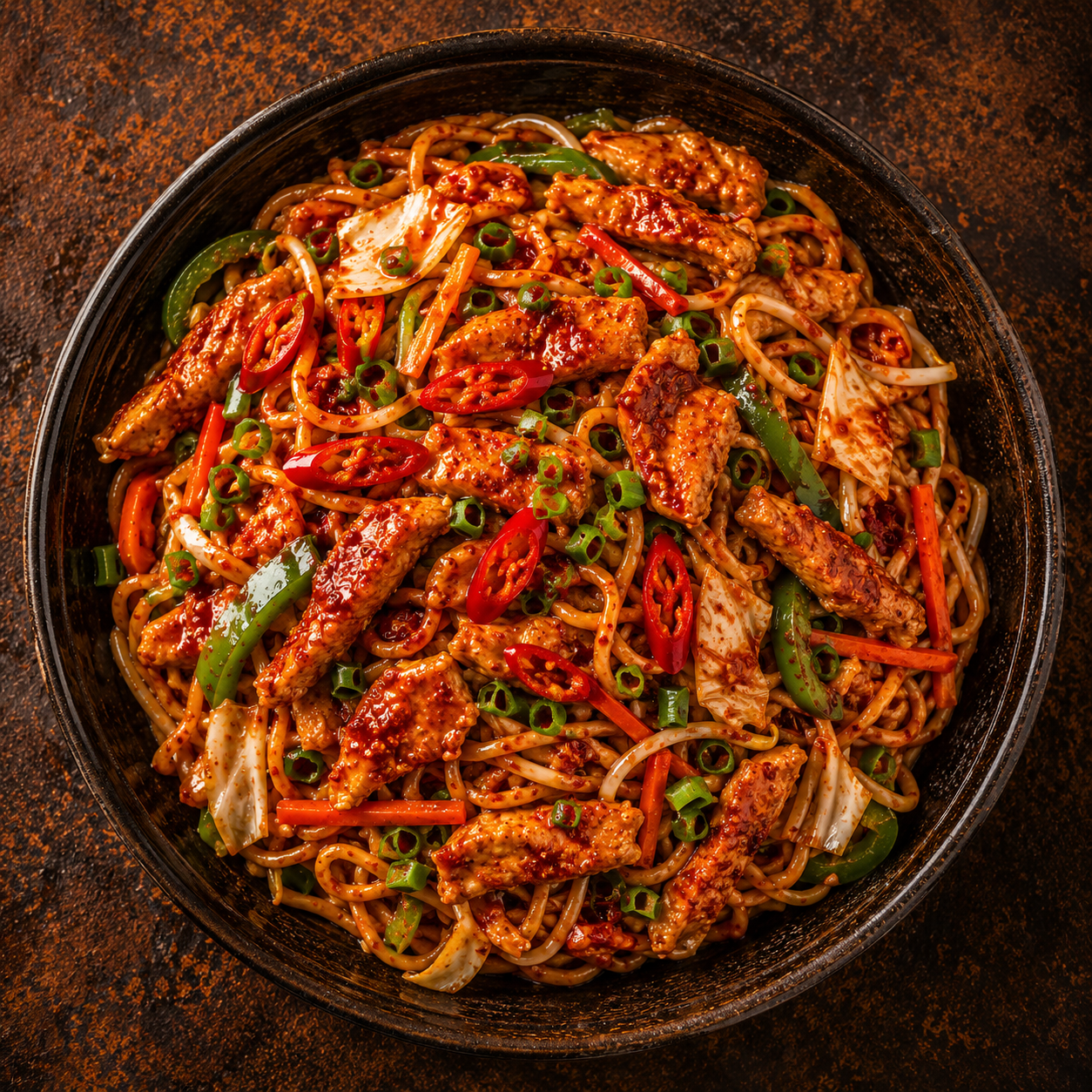 Chili sauce stir fried noodles made with Pawada sauce
